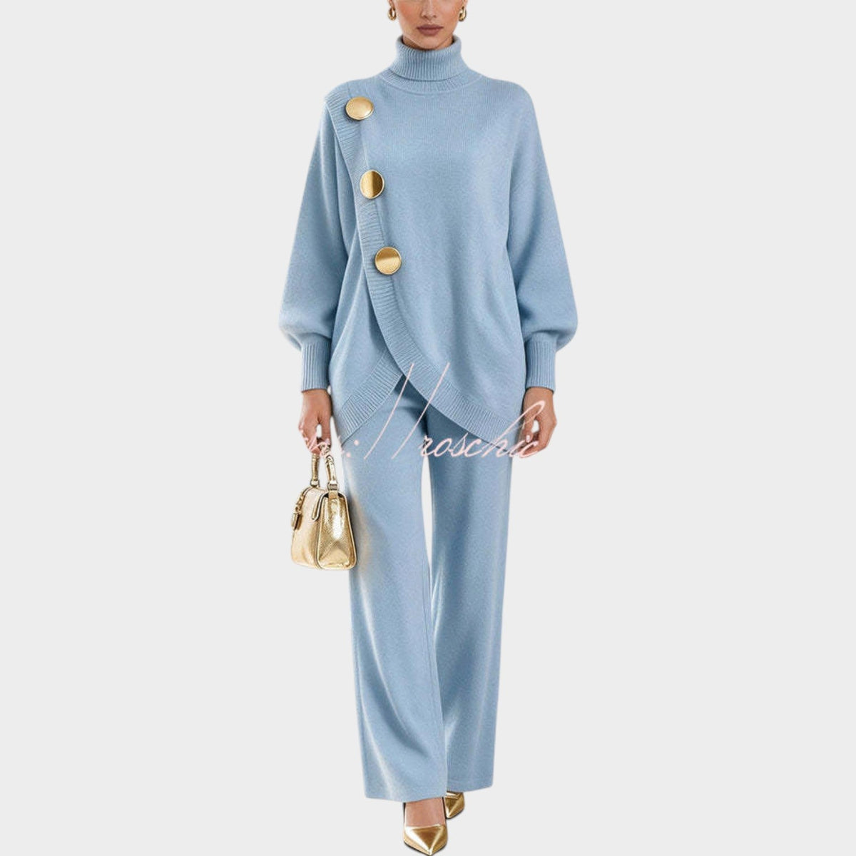 Women’s Knit Top and Pants Set Asymmetric Button Wide Leg
