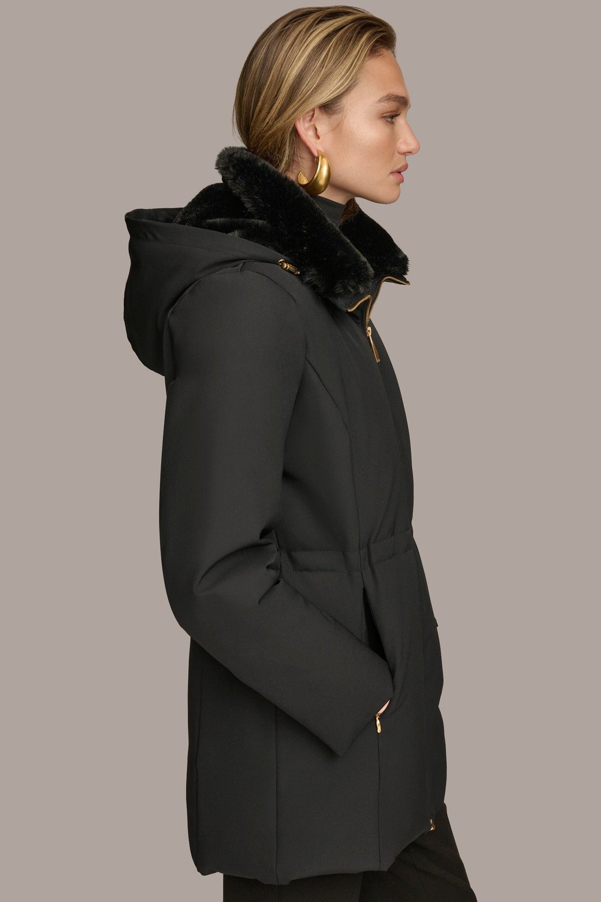 FAUX FUR COLLAR HOODED COAT