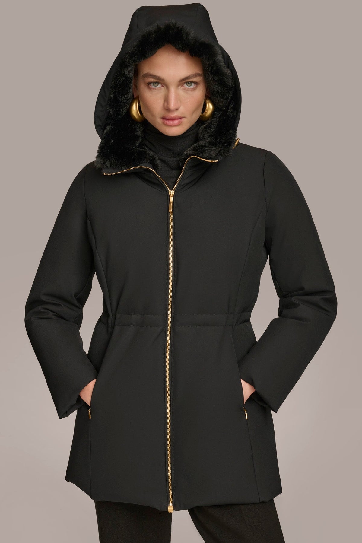 FAUX FUR COLLAR HOODED COAT