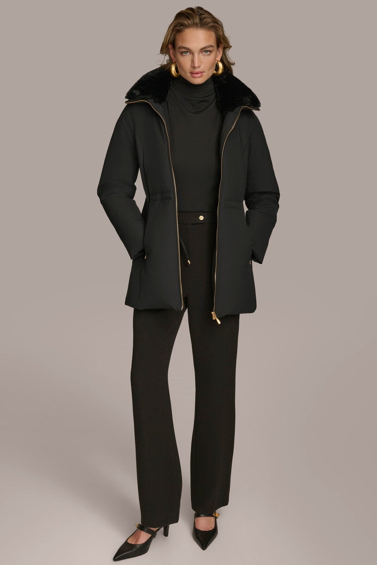 FAUX FUR COLLAR HOODED COAT