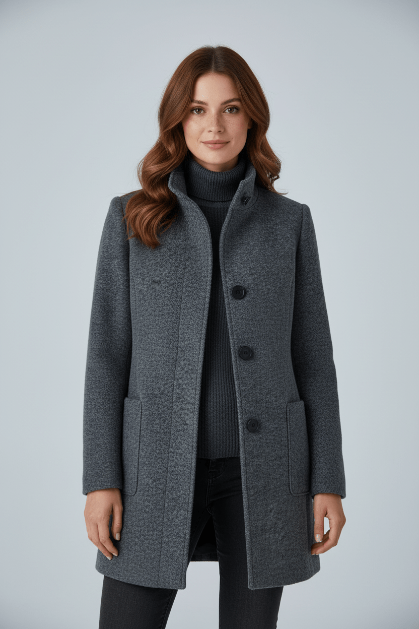 Tailored Wool Button-Front Overcoat with Stand Collar