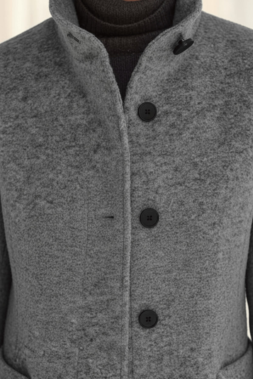 Tailored Wool Button-Front Overcoat with Stand Collar