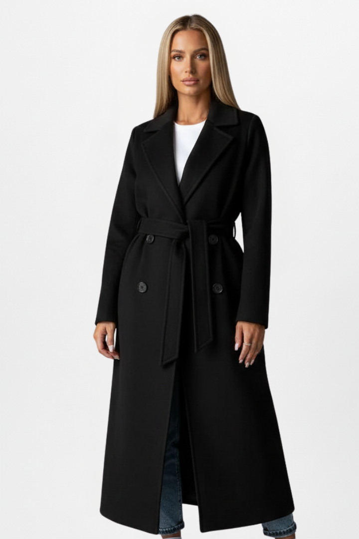 Double-Breasted Long Trench Coat with Belt
