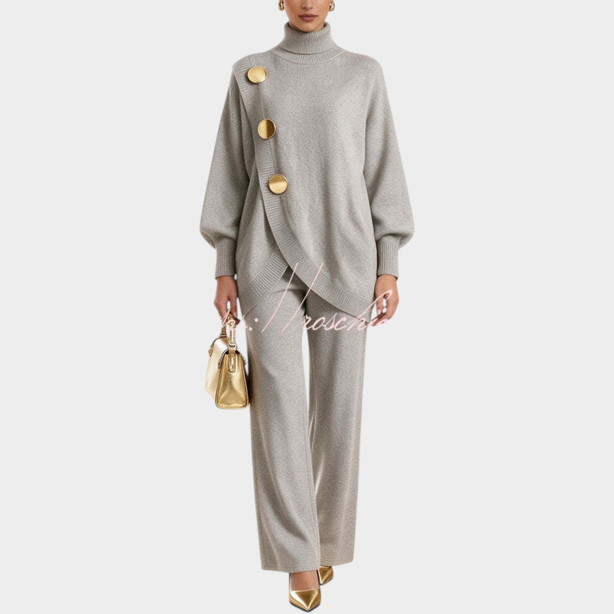 Women’s Knit Top and Pants Set Asymmetric Button Wide Leg