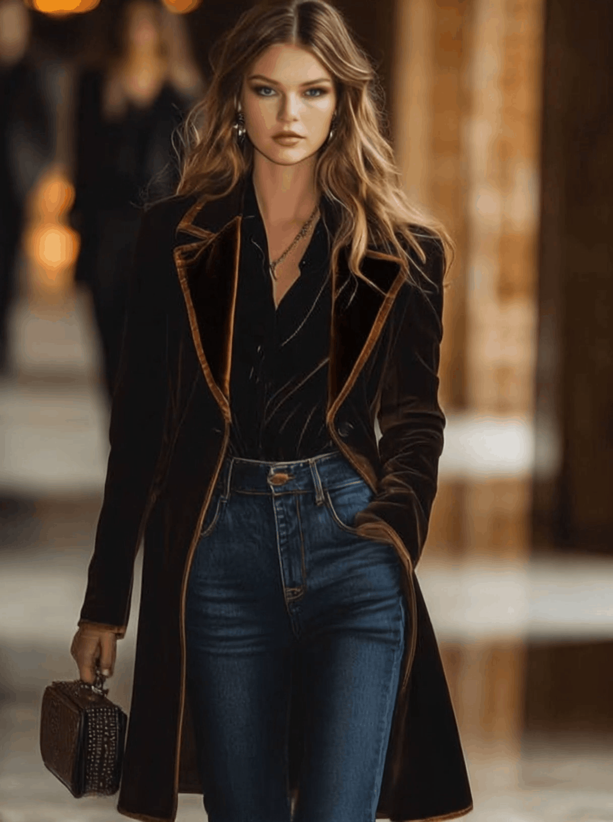 Brown Velvet Colour-Block Lapel Coat with Pockets